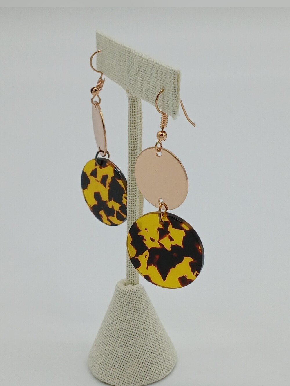 NWT Gold and Tortoiseshell Double Disc Drop Rose Gold Statement Dangle Earrings - Picture 3 of 6